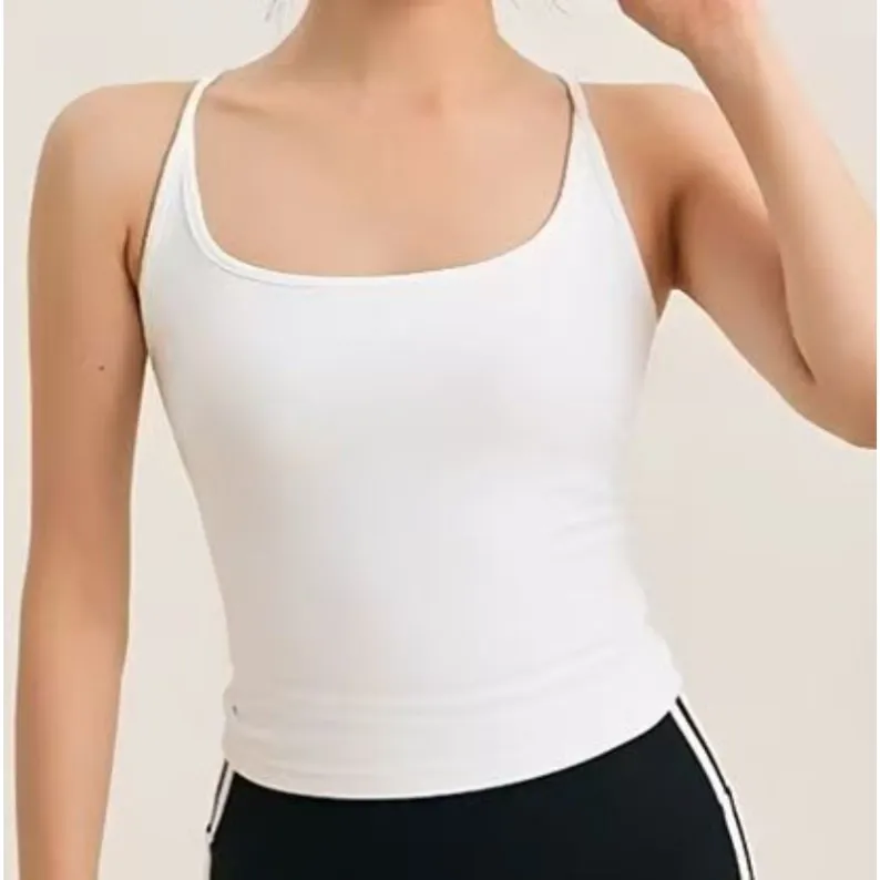 Front view of white women's fixed-cup racerback yoga tank