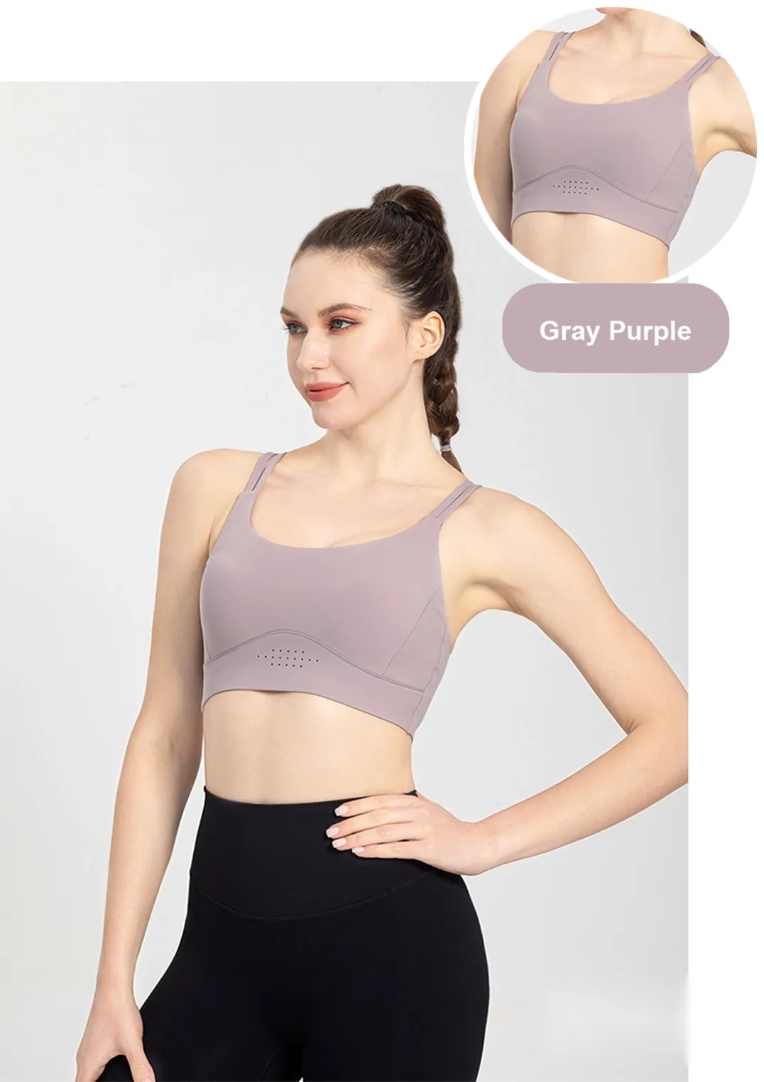 Front view of grey purple cross-back sports bra 25030