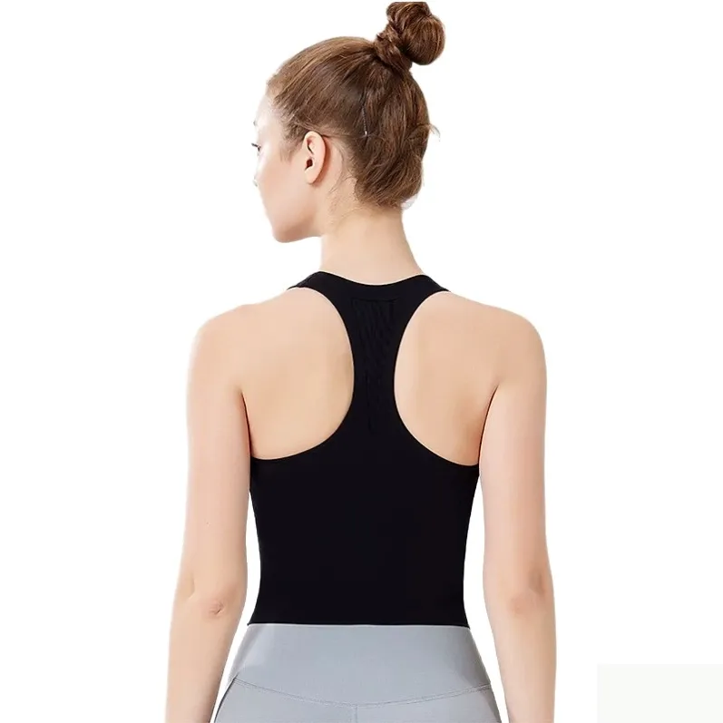 Back view of black women's longline racerback sports bra tank 25016