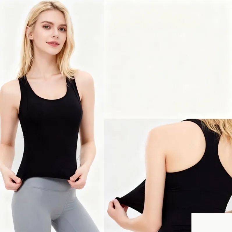 Stretch and close-fit detail of black women's longline sports tank 25016