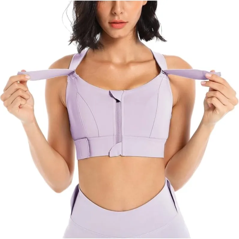 GENY YOGA 260803P purple adjustable zip-front high-support sports bra wide strap adjustment