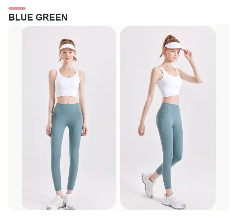 Blue Green women's pocket yoga leggings front and side views