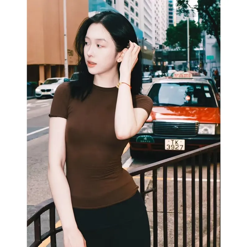 Cocoa brown women's second-skin bodysuit styled as an everyday layering top