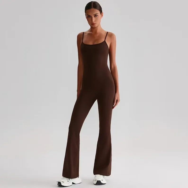 Coffee brown women's one-piece activewear jumpsuit with fitted torso and flared legs