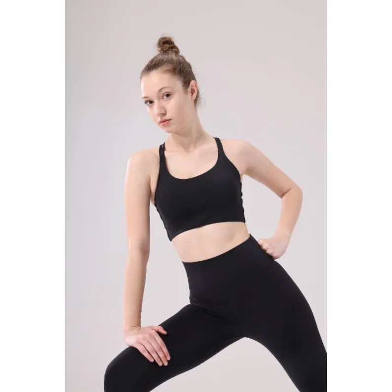 Women's black cross-back sports bra with built-in cups 25030