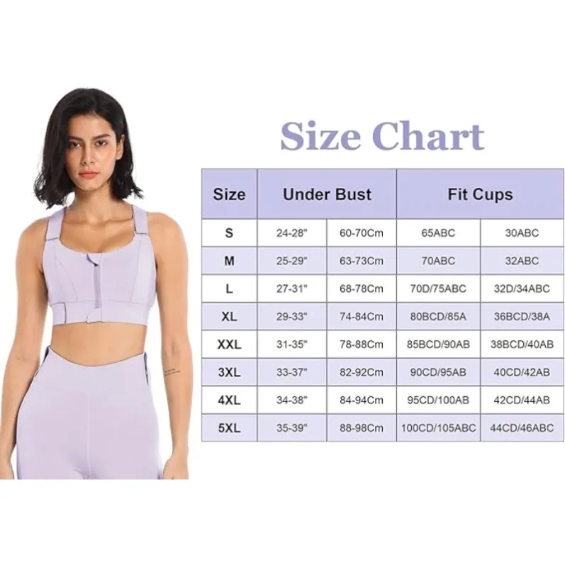 GENY YOGA 260803P purple adjustable zip-front high-support sports bra size chart