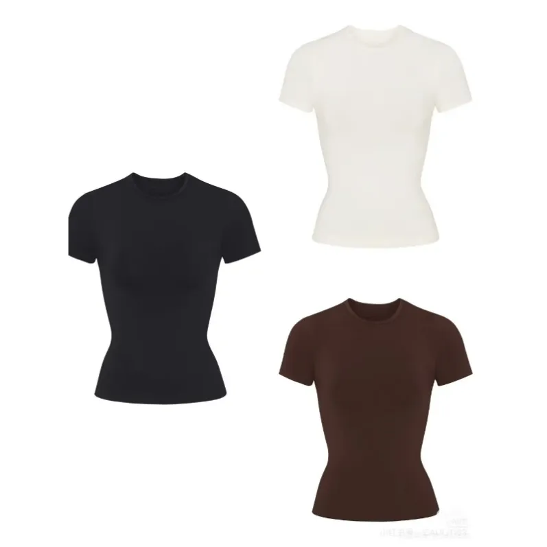 Neutral-color women's second-skin bodysuit collection in black ivory and cocoa brown