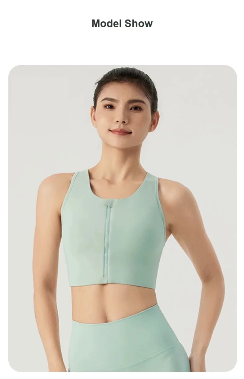 Avocado green GENY YOGA 24028 front-zip sports bra front view