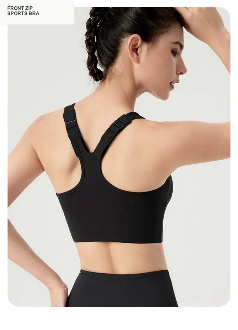 Black women's racerback high-support sports bra rear view 24028