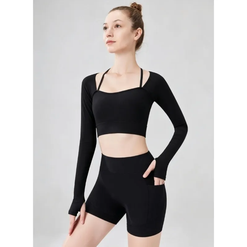 Black high-waisted ribbed yoga shorts style 25032 front view