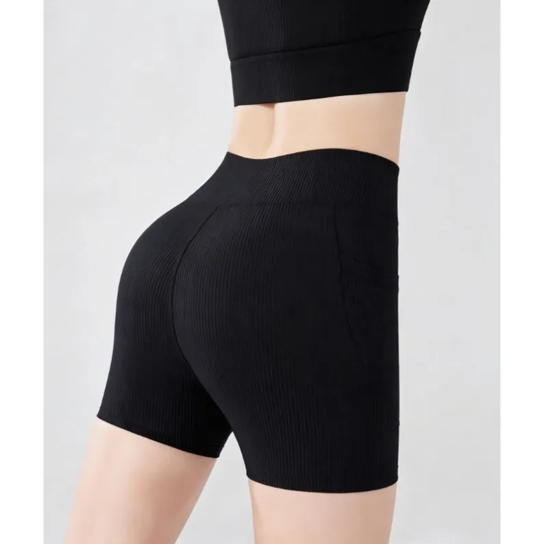 Back contour view of black women's high-waisted yoga shorts 25032