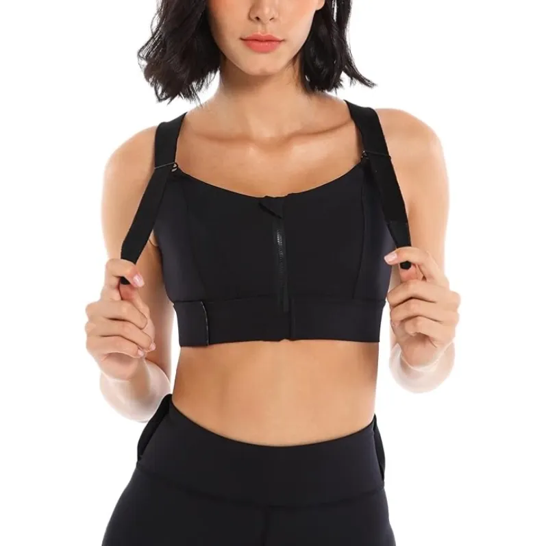 GENY YOGA 260803BL black adjustable zip-front high-support sports bra front strap adjustment