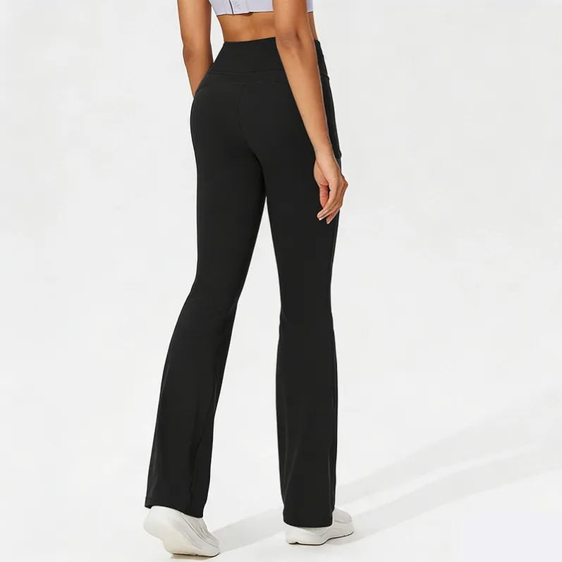 Back view of Midnight Black flared yoga pants model 25005