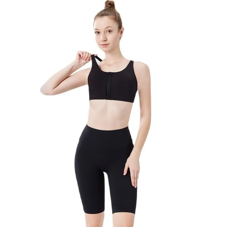 Black GENY YOGA 25018 front-zip racerback sports bra front view