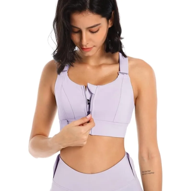 GENY YOGA 260803P purple adjustable zip-front high-support sports bra front zip close detail