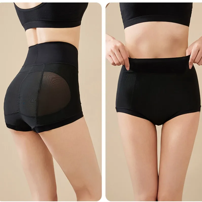 Black high-waist tummy-control shapewear shorts 25039 front and back views