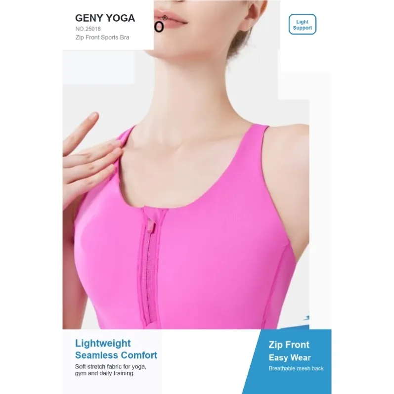 Women's rose red front-zip high-support sports bra with built-in cups 25018