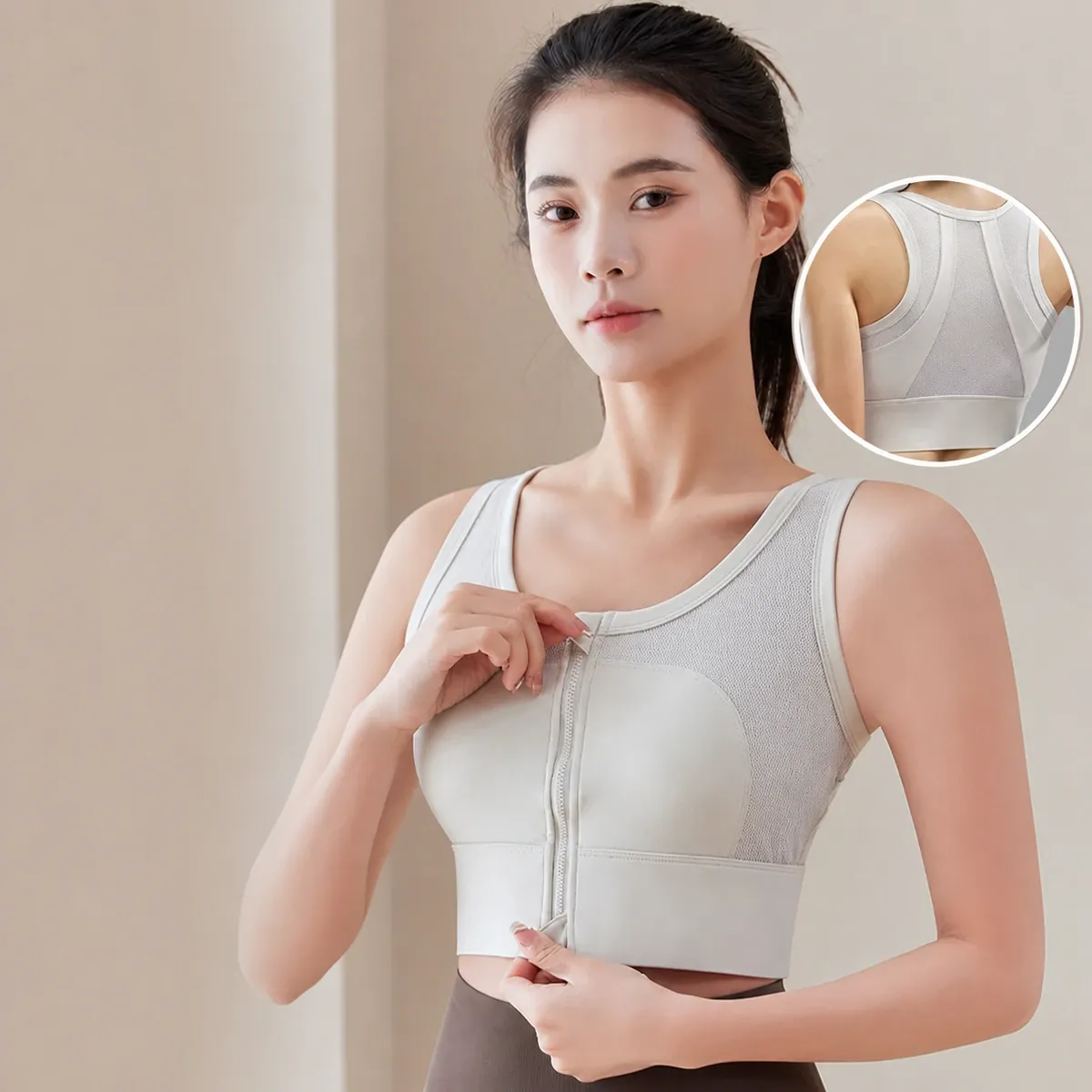 GENY YOGA 24009 women's light ivory high-support front-zip sports bra with mesh panels and longline coverage