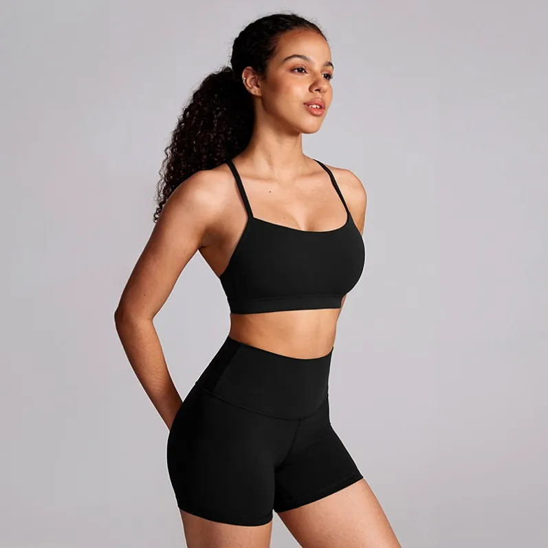 GENY YOGA Y24137 women's black Y-back yoga sports bra with removable pads