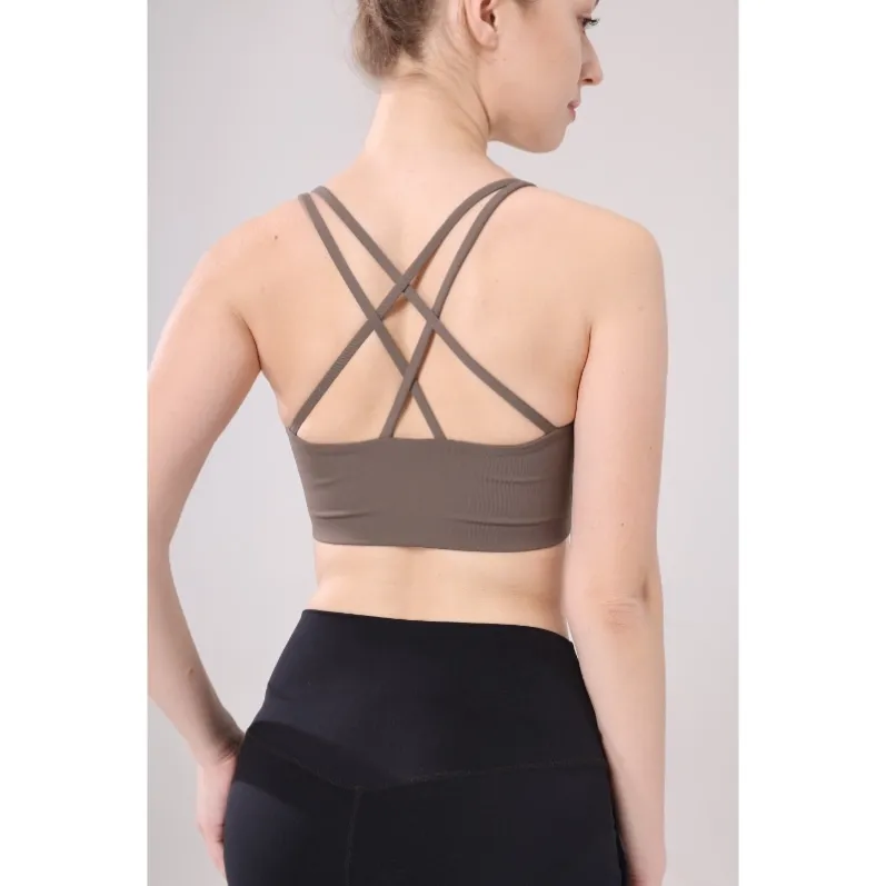 Cross-back strap detail of Wutong Brown sports bra 25030