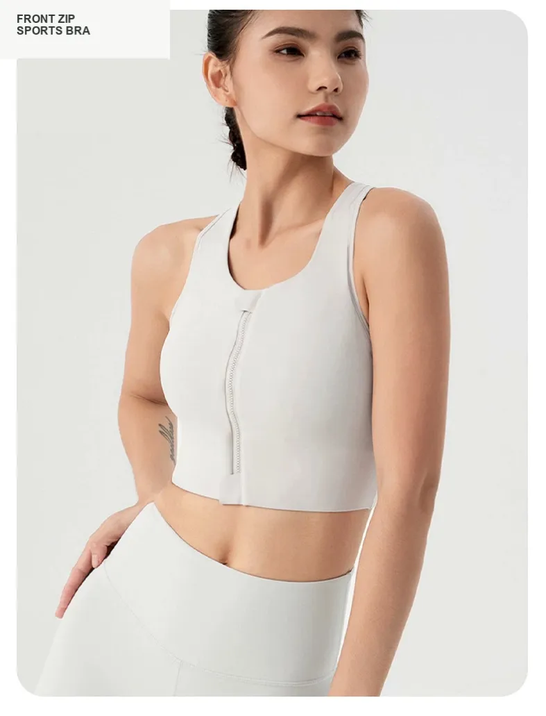 Ivory white GENY YOGA 24028 front-zip high-support sports bra
