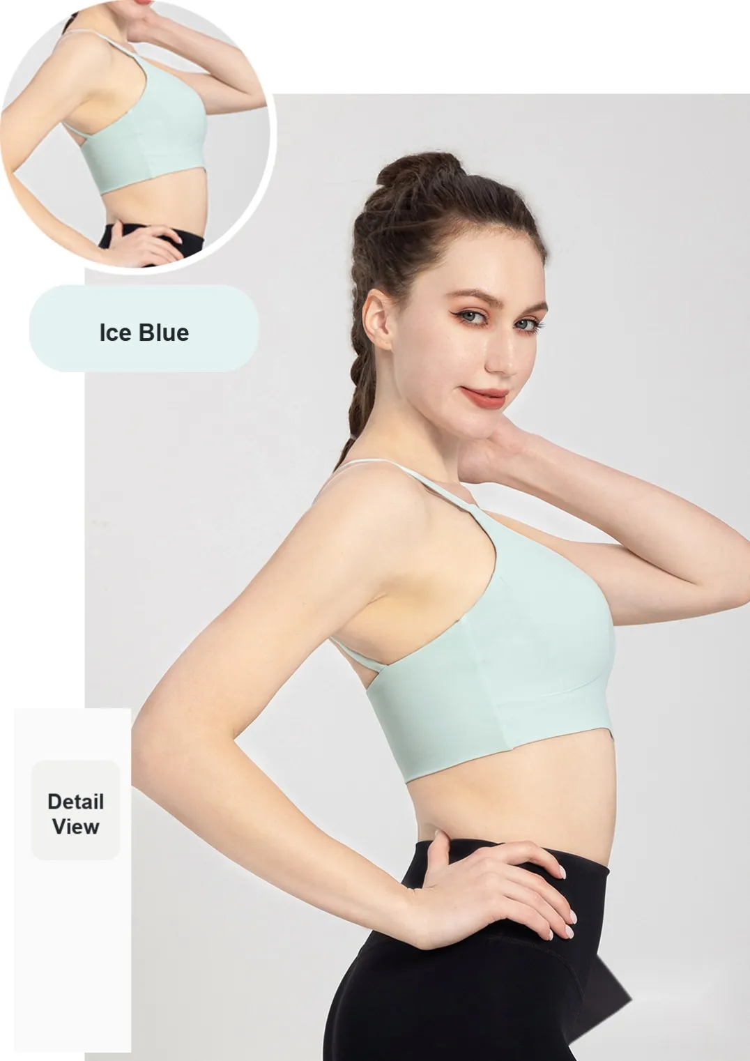 Front view of ice blue GENY YOGA 25030 sports bra