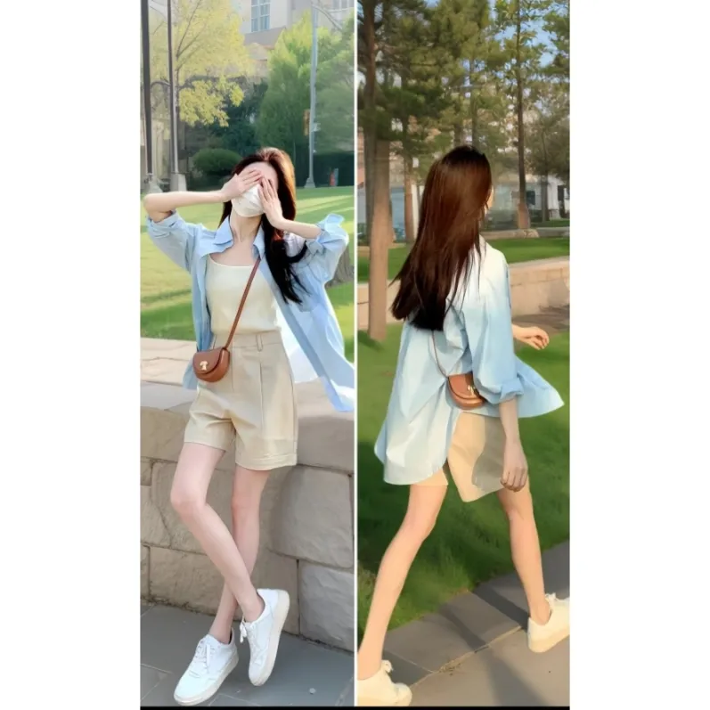 Front and back fit views of women's blue sun protection shirt 31470