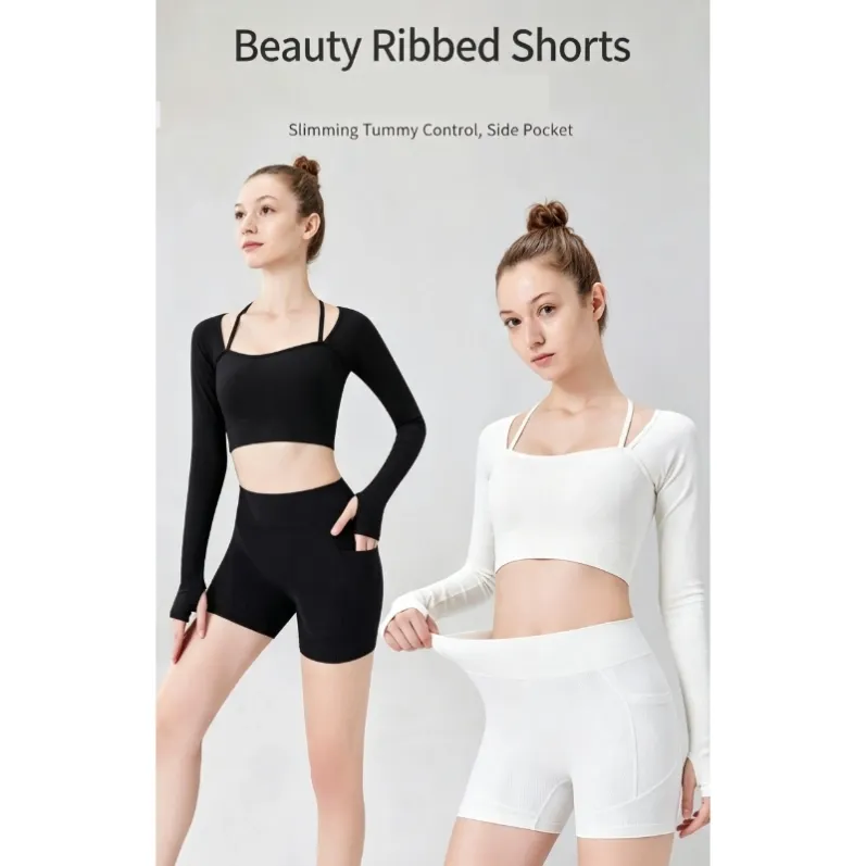 Black and Off-White ribbed yoga shorts 25032 product showcase