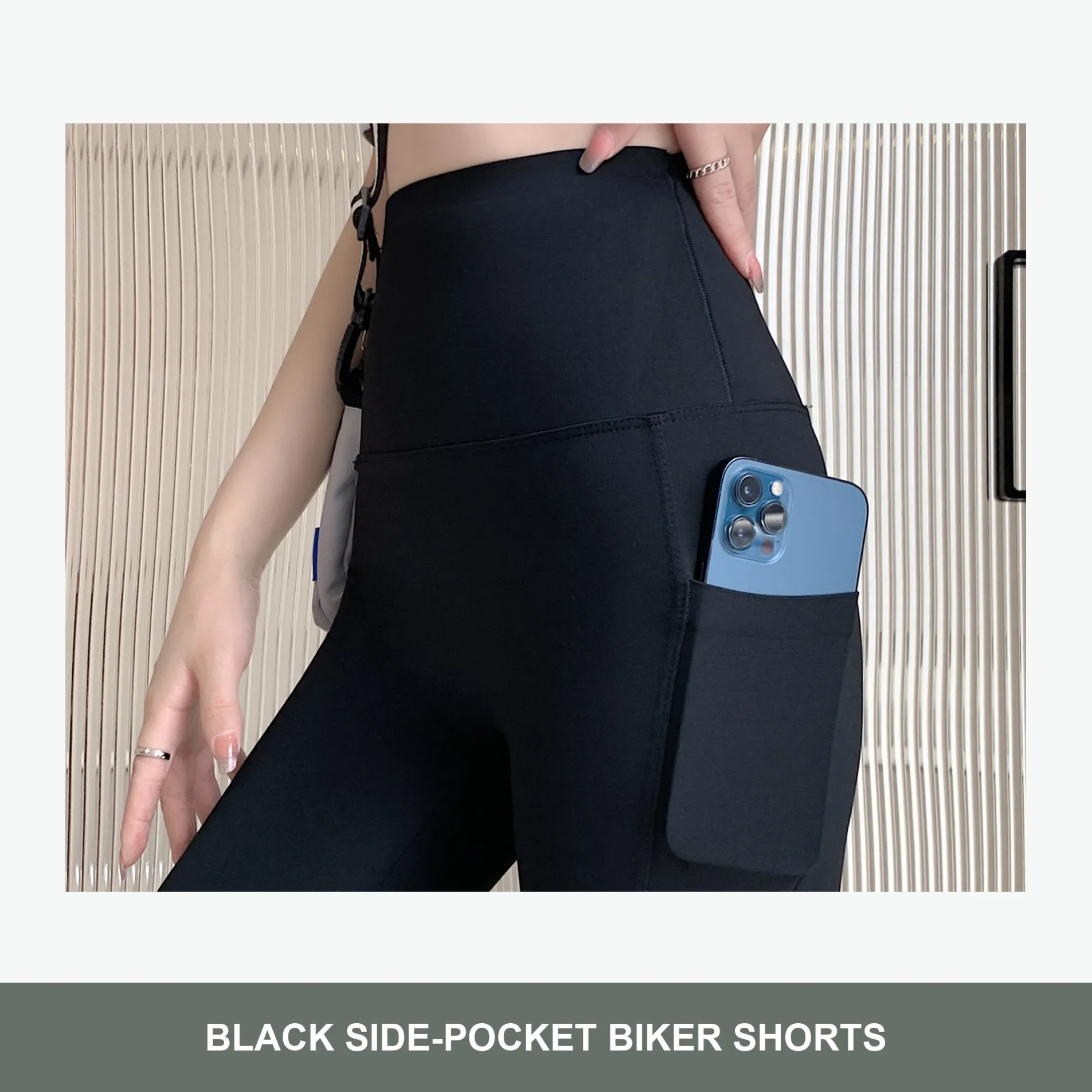 GENY YOGA 2356 women's high-waist biker shorts with side pockets showing black high-rise side-pocket detail