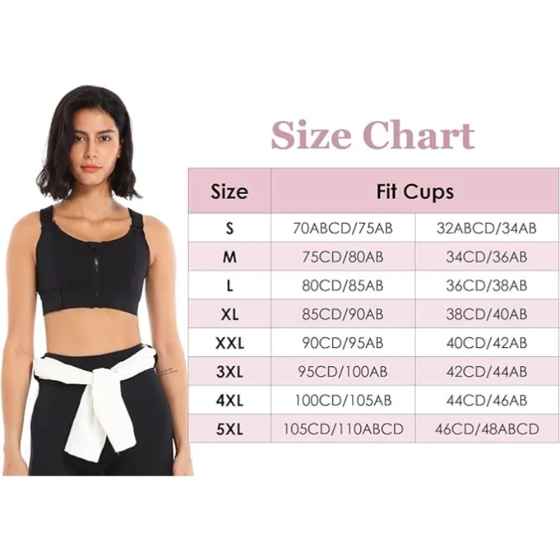 GENY YOGA 260803BL black adjustable zip-front high-support sports bra size chart cup guide