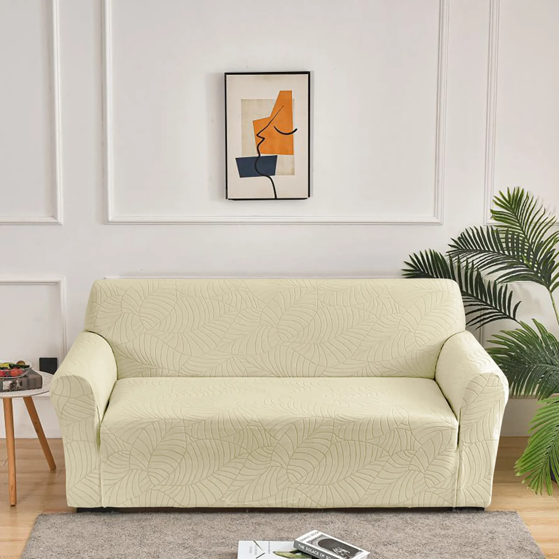 Beige leaf jacquard sofa cover
