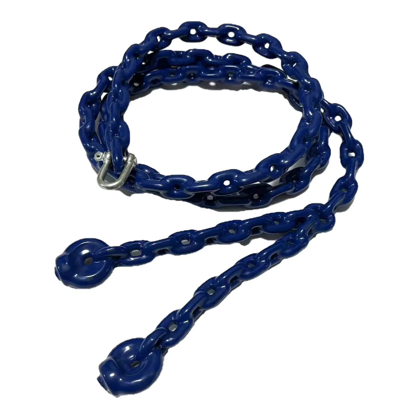 PVC coated swing chain coiled, showing galvanised shackle and welded end links