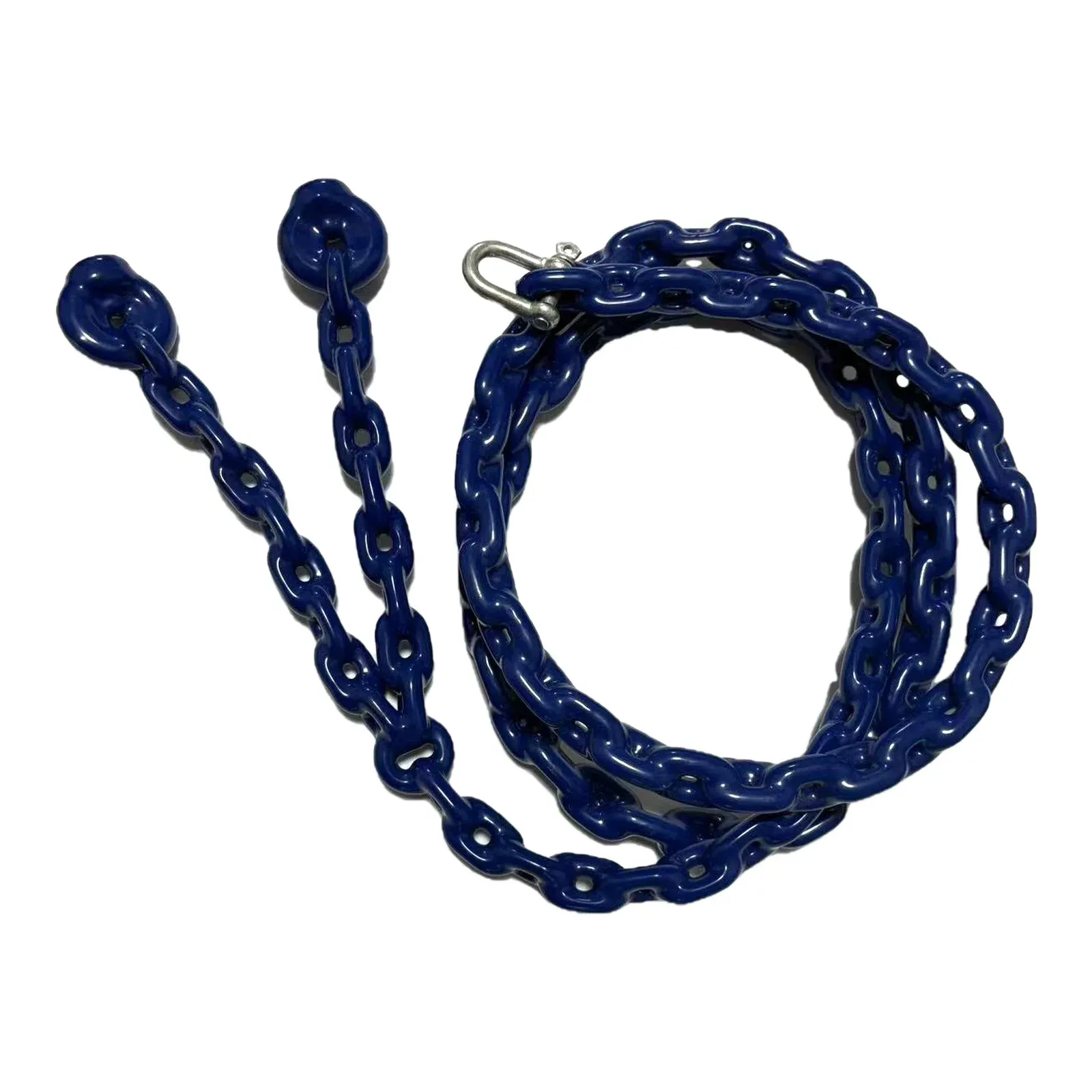 Full length of navy PVC coated swing chain with galvanised shackle and welded ring