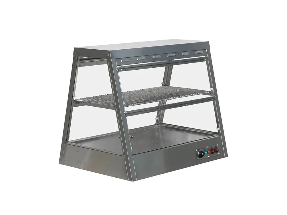 Two tier commercial countertop display warmer with glass front for hot food display