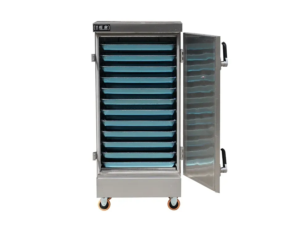 Single door electric rice steamer with 12 horizontal trays in stainless steel
