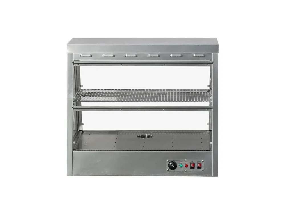 Wide commercial countertop display warmer with glass front for hot food holding