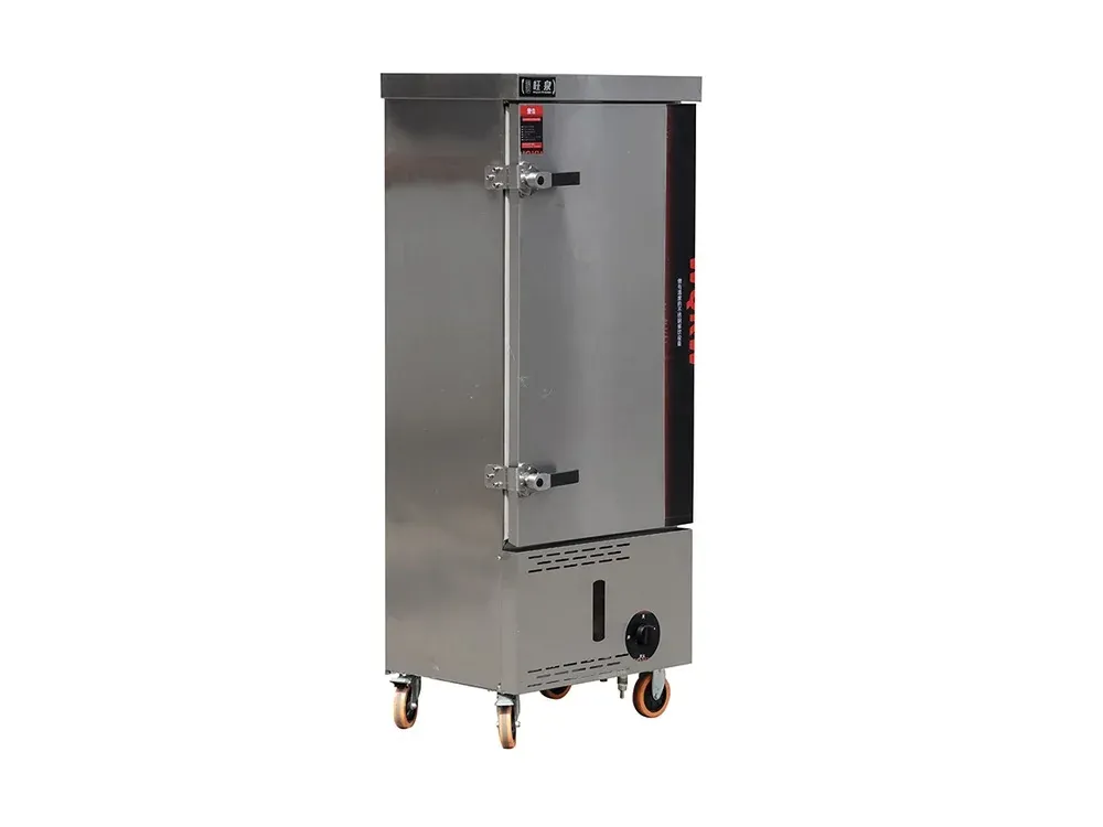 Single door LPG gas rice steamer with 12 horizontal trays in stainless steel