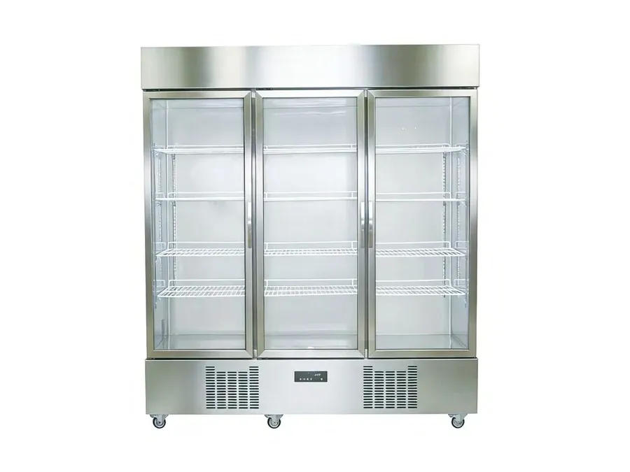 Commercial three-door glass display refrigerator 1815mm with LED lighting for food merchandising