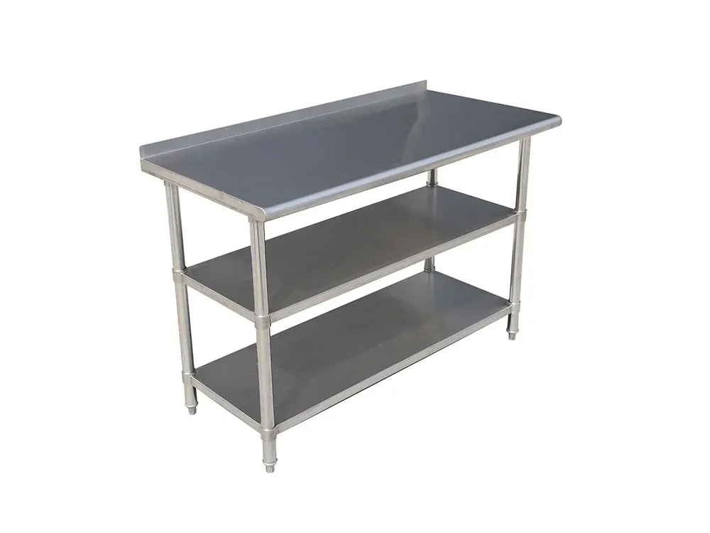 Stainless steel worktable with two tier undershelf for commercial kitchen storage