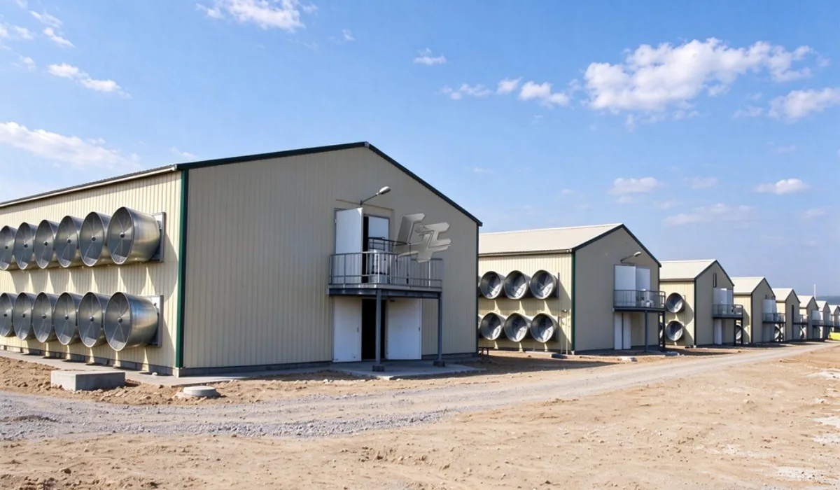 Row of prefabricated poultry houses with exterior ventilation fans