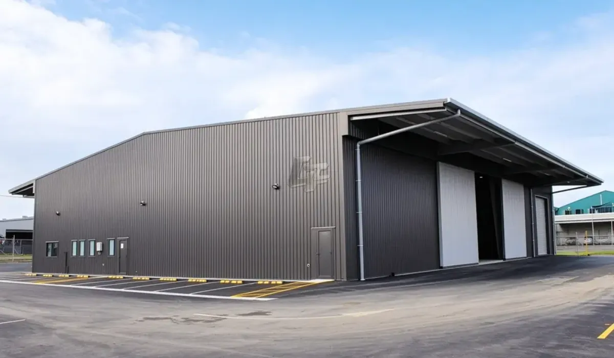 Exterior of a steel structure warehouse with large access openings and metal wall panels