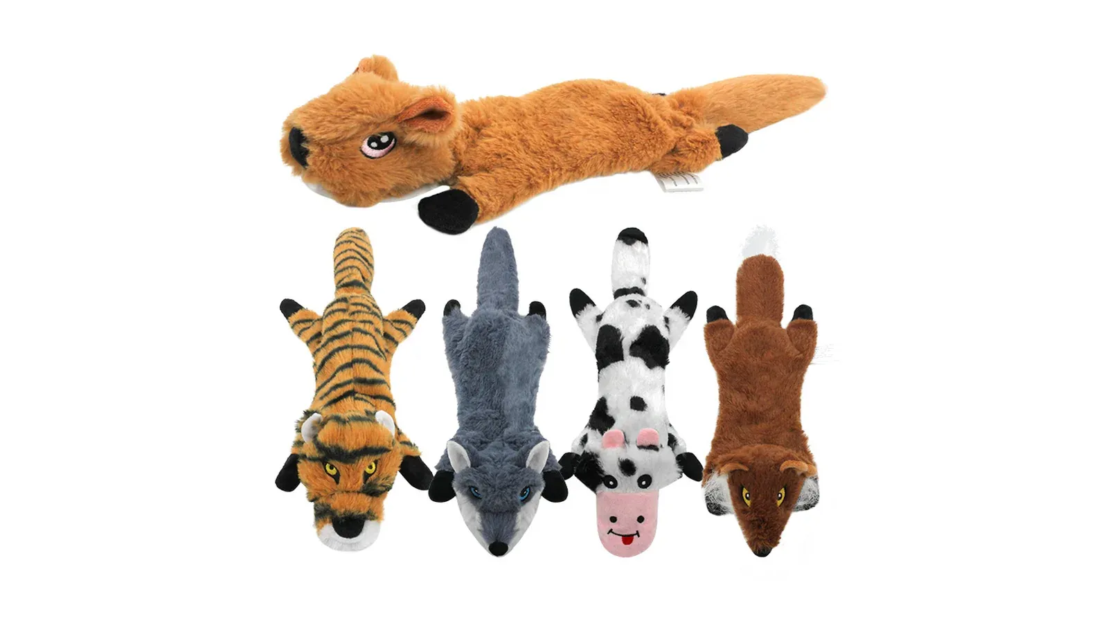 Five flat no-stuffing plush dog toys - squirrel, tiger, wolf, cow and fox designs