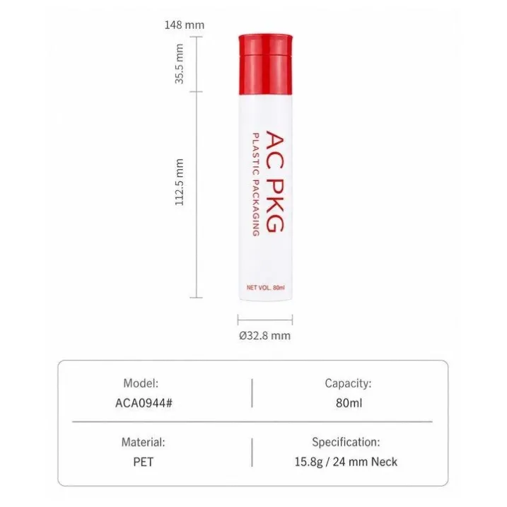 60ML White PET Cylinder Bottle With Red Cap For Skincare & Cosmetics