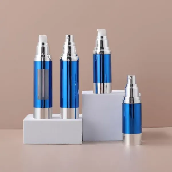 Logo 15ML 30ML 50ML Blue Electroplated Plastic Cosmetic Dispensing Bottle Vacuum Bottle