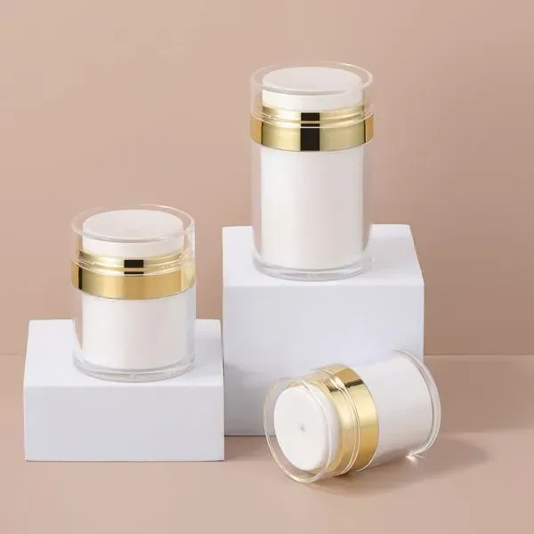 15G 20G 30G 50G 100G White Round Plastic Gold Silver Rim Pressed Vacuum Cream Bottle Eco