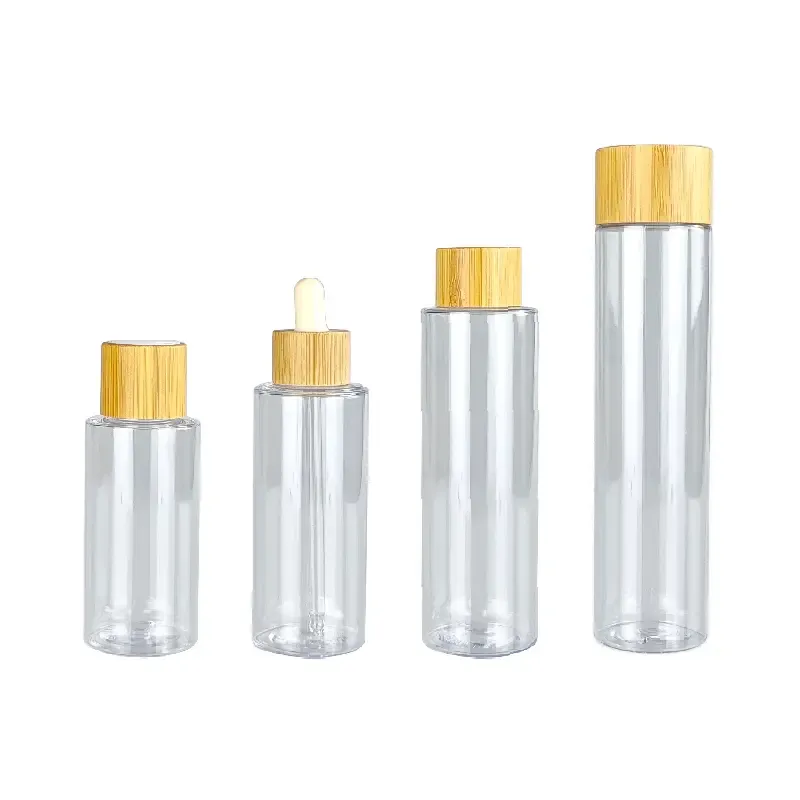 Private Label Luxury Clear Cosmetic Lotion Bottles With Wooden Screw Lid Toner Bottles