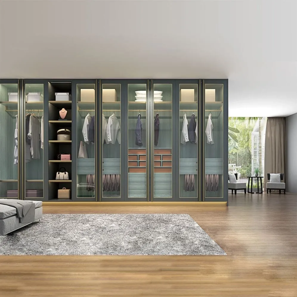Modern wardrobe with glass doors and LED lighting for luxury bedroom design