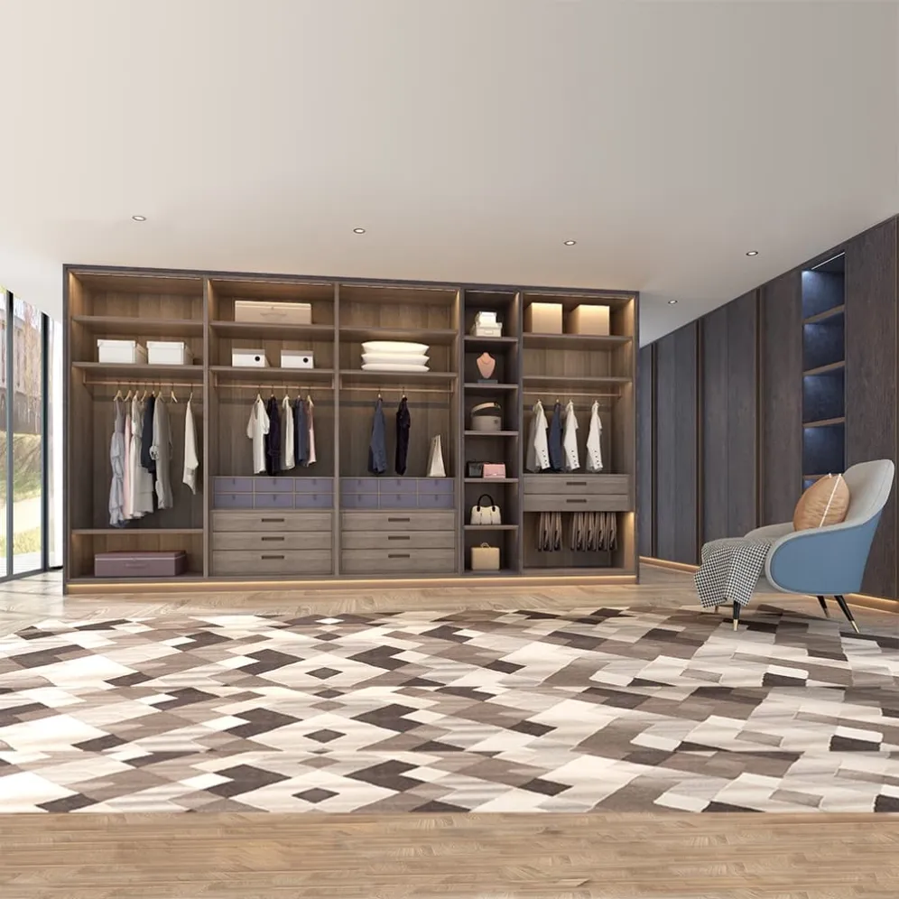 Modern wood wardrobe with open storage system and custom bedroom design