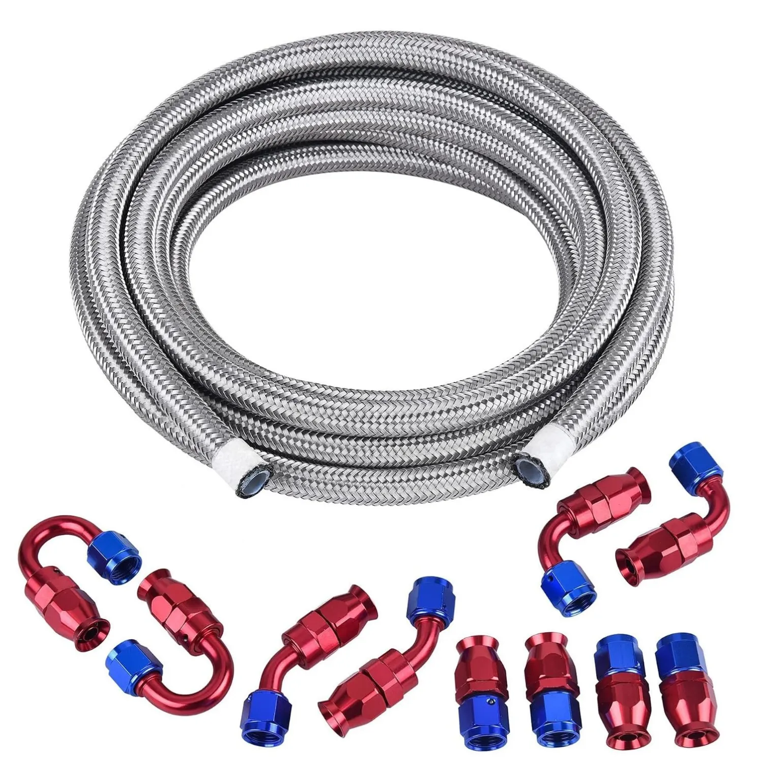 PTFE fuel line kit: braided hose coil with red and blue anodised aluminium fittings