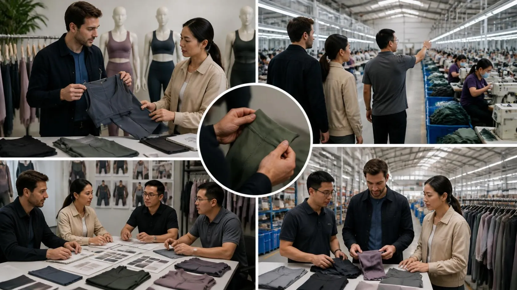 Brand owner selecting activewear manufacturer, factory tour and inspection, meeting with production team, evaluating sportswear samples and quality, professional business consultation, modern activewear manufacturing fa